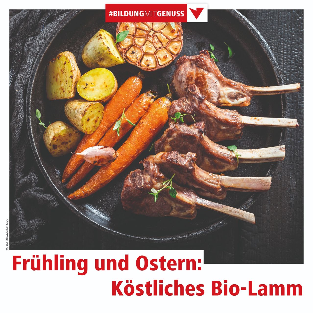 Ein Teller mit gebratenen Lammkoteletts, goldenen Kartoffeln und Karotten. Das Bild zeigt Bio-Lamm für Frühling und Ostern.