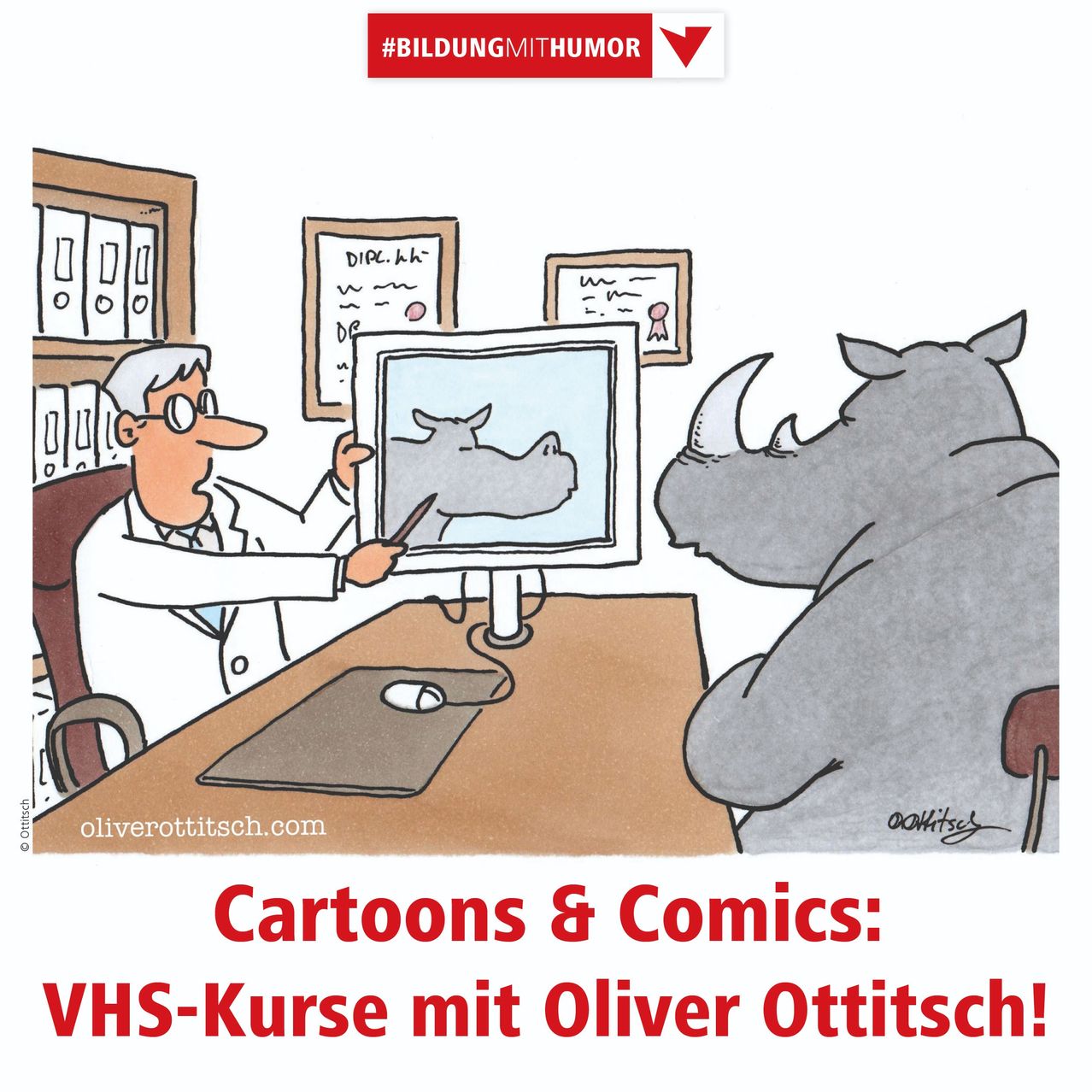 Eine Karikatur eines Mannes in einem Laborkittel mit einem Nashorn. Er zeichnet auf einem Monitor, der eine Kuh zeigt. Das Nashorn schaut auf die Zeichnung. Unten ist eine Website-Adresse.
