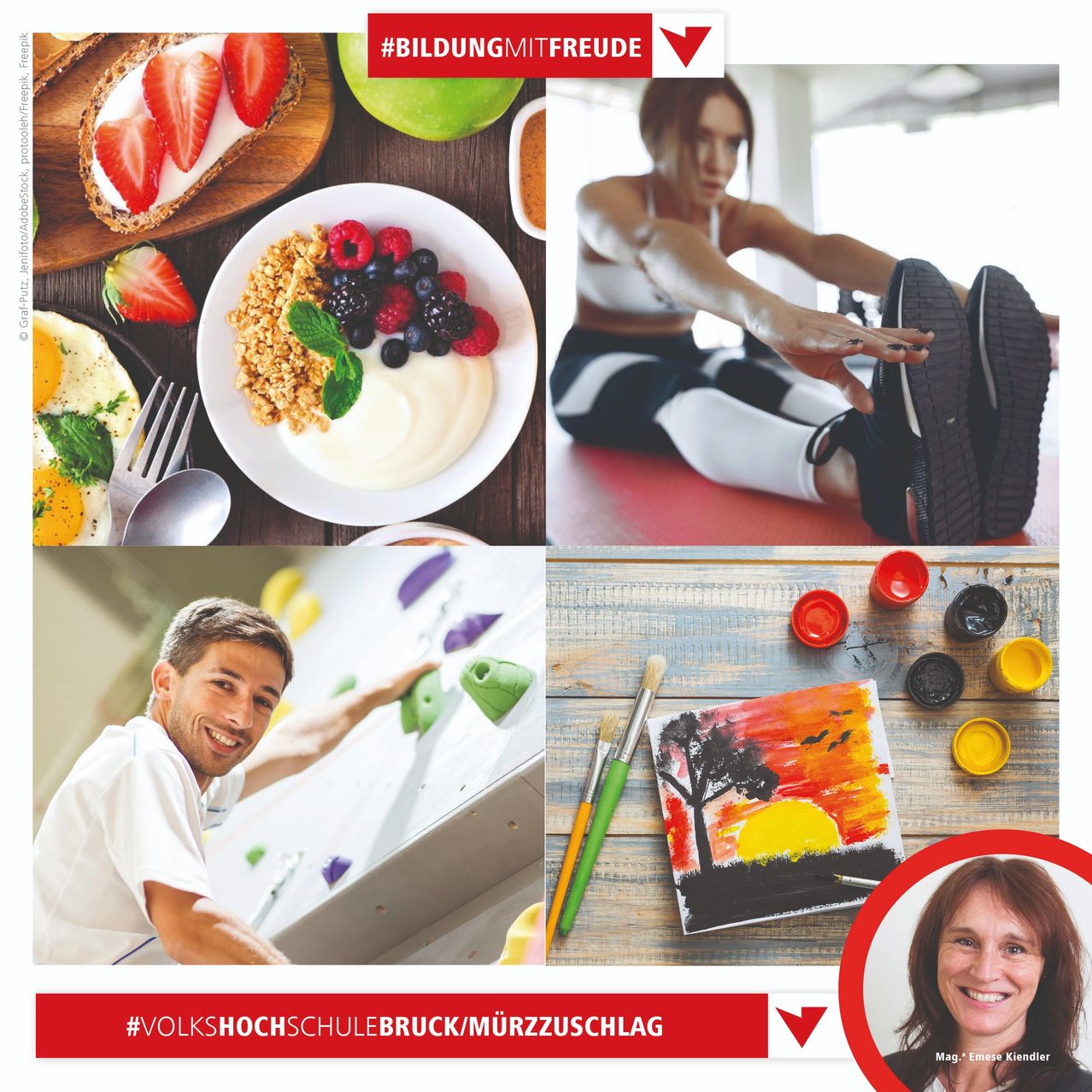 Eine Collage aus vier Bildern: ein Frühstücksteller, eine sich dehnende Frau, ein kletternder Mann und eine malende Frau. Jedes Bild ist Teil einer Kampagne für eine Schulveranstaltung, mit Texten zur Förderung von Teilnahme und Freude.