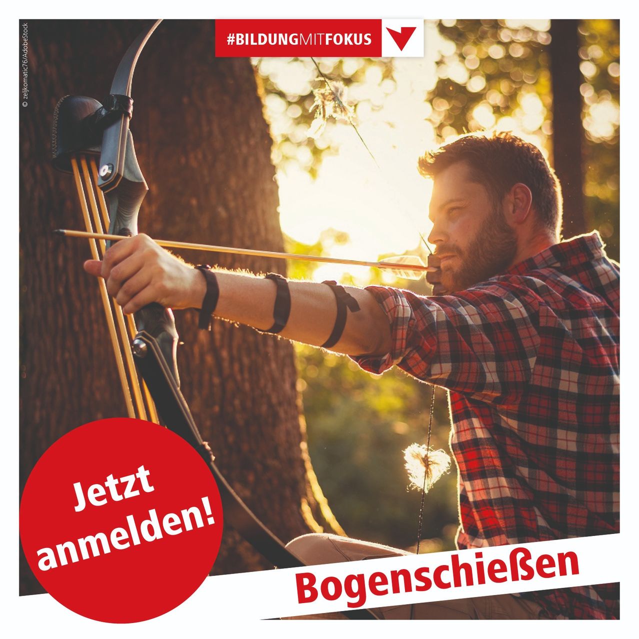 Ein Mann hält einen Bogen und Pfeil und schießt ihn in die Luft. Das Bild enthält ein Logo und Text zur Anmeldung.