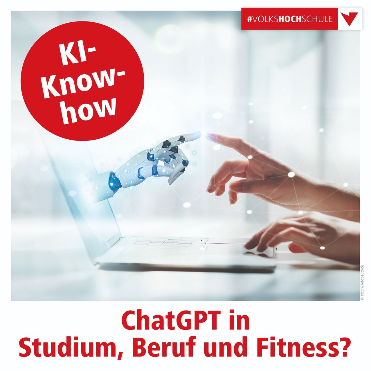 Eine Werbung für 'ChatGPT im Studium, Beruf und Fitness?' zeigt einen Roboter und eine Hand, die beide mit einem Laptop interagieren. Das Bild unterstreicht das Potenzial von KI im Studium, Beruf und der persönlichen Entwicklung.