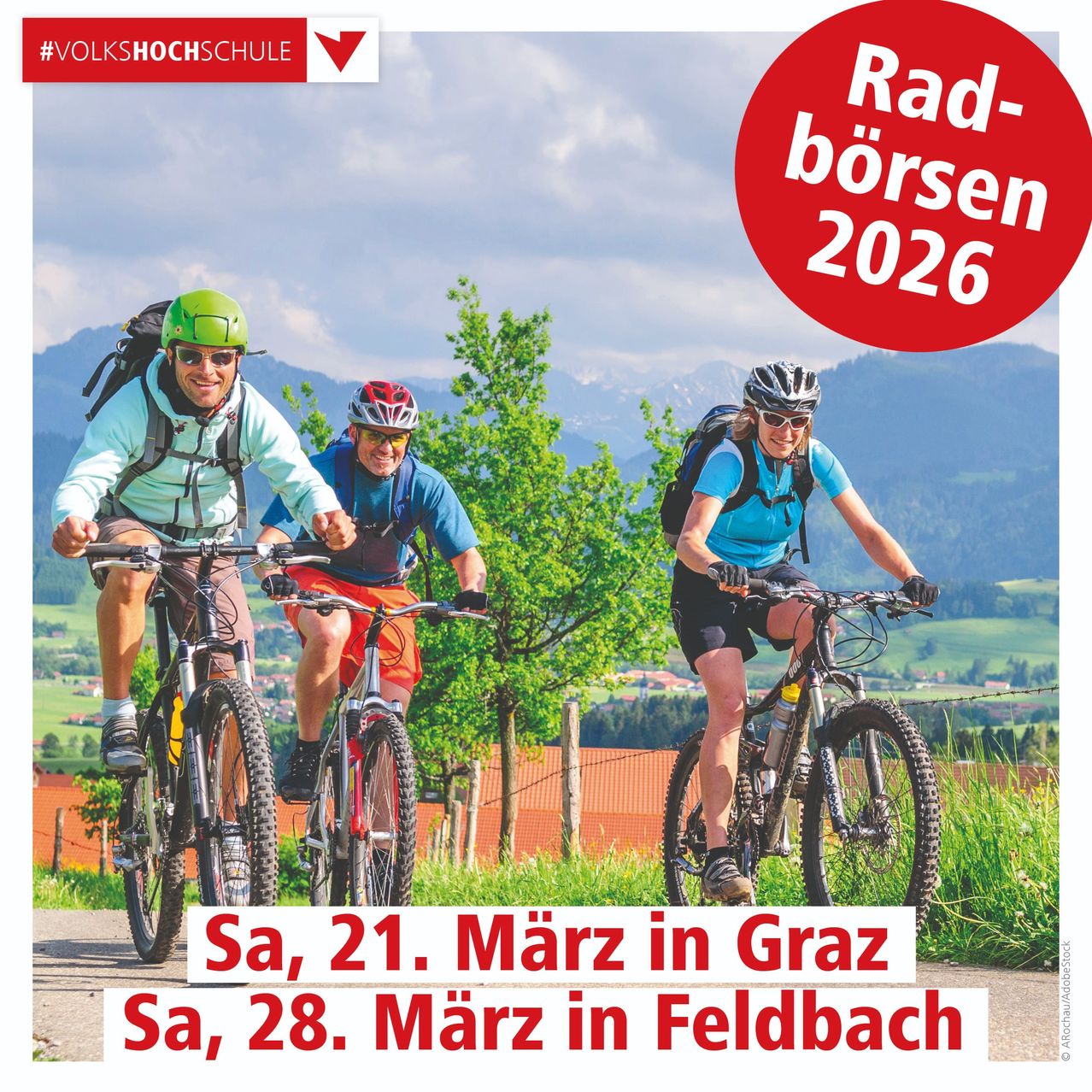 Drei Radfahrer fahren auf einem Pfad mit Bergen im Hintergrund. Ein rotes Schild steht 'Rad-borsen 2026' und darunter 'Sa, 21. März in Graz' und 'Sa, 28. März in Feldbach'.