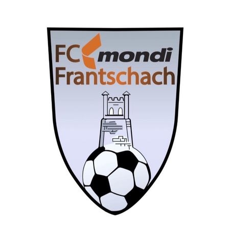Das Emblem des FC Mondi Frantschach zeigt einen Fußball im Zentrum mit einer Burg darüber, eingerahmt von einem Schild. Der Text 'FC Mondi Frantschach' steht in fetter Schrift oben.