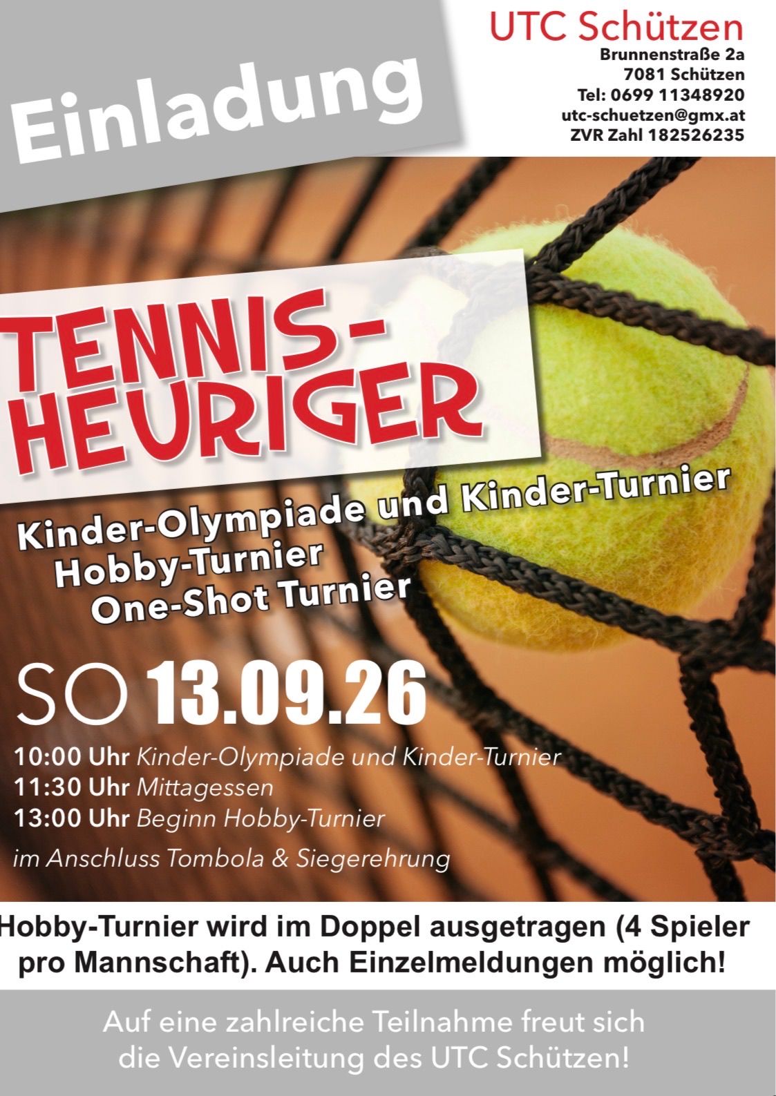 Poster for a tennis event featuring a tennis ball in a net with event details in German.