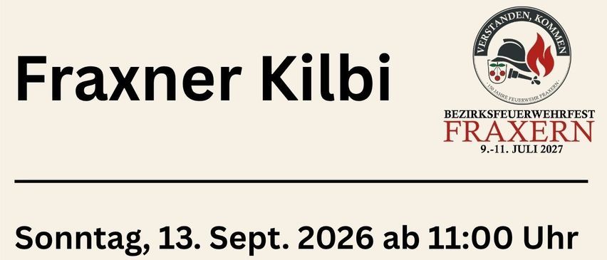 Plakat für das Fraxner Kilbi-Ereignis am 13. September 2026, Beginn um 11:00 Uhr. Bietet verlängerte Einkaufszeiten, eine Nachtparade und ein Kinderprogramm.