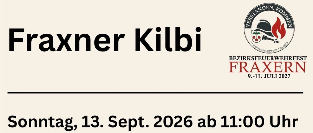 Plakat für das Fraxner Kilbi-Ereignis am 13. September 2026, Beginn um 11:00 Uhr. Bietet verlängerte Einkaufszeiten, eine Nachtparade und ein Kinderprogramm.