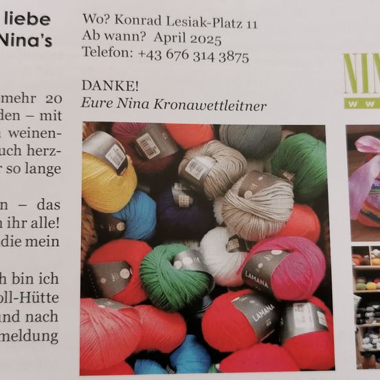 Eine Zeitschriftenseite zeigt Wollknäuel in verschiedenen Farben, eine Telefonnummer für Nina und eine herzliche Dankesnote von Nina Kronawetter. Der Text ist teilweise auf Deutsch.