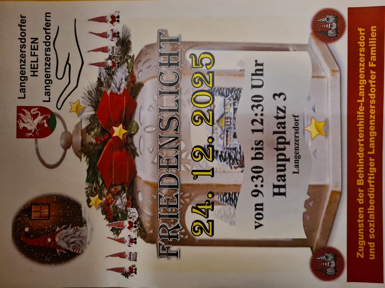 Plakat zur Ankündigung der 'Friedenslicht'-Veranstaltung in Langenzenn am 24. Dezember 2023 von 9:30 bis 12:30 Uhr. Es zeigt eine Laterne mit Weihnachtsdekoration und einer festlichen Schleife.