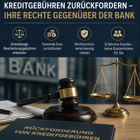 Ein Werbeplakat zur Rückforderung von Kreditgebühren betont die rechtlichen Rechte gegen Banken. Es zeigt Symbole der Gerechtigkeit, einen Schild und Menschen sowie Text über die Rückforderung von Tausenden Euro und die Nutzung des Rechtsschutzes.