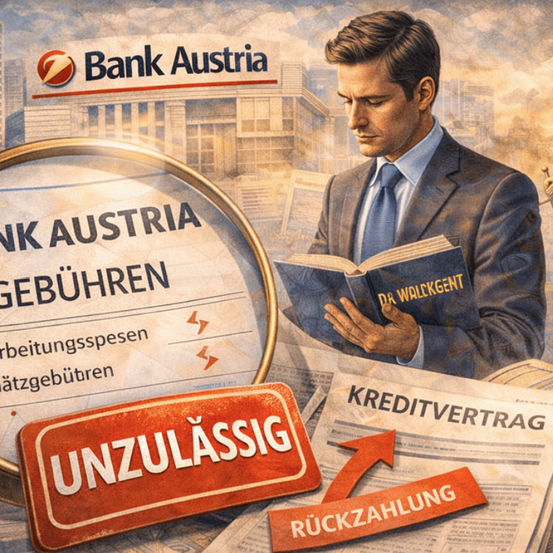 Eine Illustration eines Mannes, der Dokumente mit dem Logo der Bank Austria und Hinweisen auf Gebühren, Zuschläge und einen Kreditvertrag überprüft.