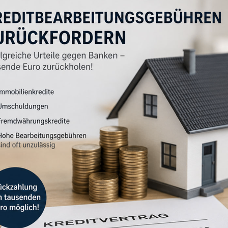 Werbeanzeige mit einem Hausmodell, Münzen und Text über die Rückforderung von Kreditbearbeitungsgebühren. Das Haus hat einen Schornstein und es gibt Texte über gleiche Urteile gegen Banken.