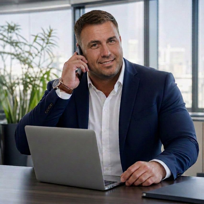 Ein Mann in einem Anzug sitzt an einem Schreibtisch, lächelt während eines Telefongesprächs, mit einem Laptop vor ihm.