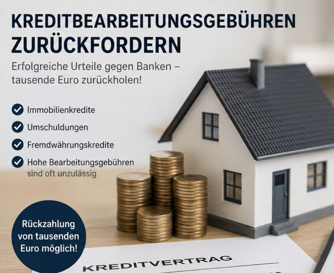 An advertisement for credit processing fees with a house model and coins, emphasizing high fees and the possibility of reclaiming euros.