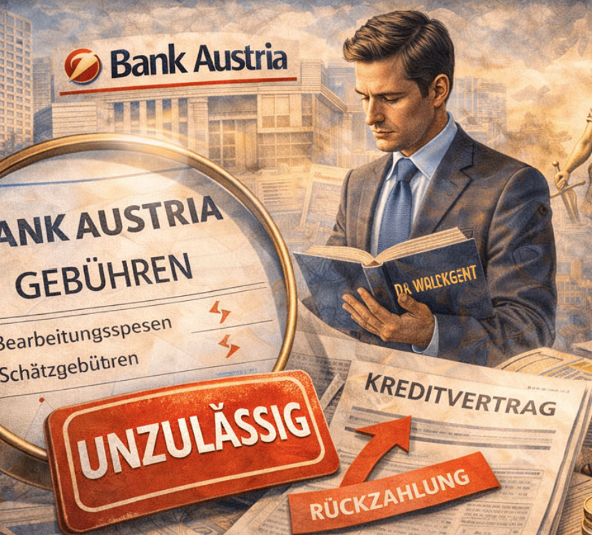 A man reads a book titled 'Dr. Walkgent' with Bank Austria's logo in the background. The image includes a magnifying glass with 'Bank Austria Fees' and 'Unzulässig' (unacceptable) written on it.