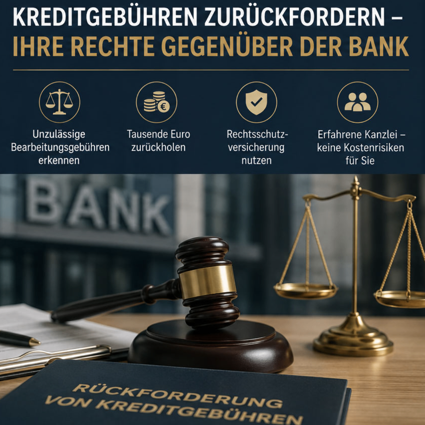 An image with legal text about reclaiming credit fees, featuring icons and a scale. A book titled 'Ruckforderung von Kreditgebuehren' is on a desk.