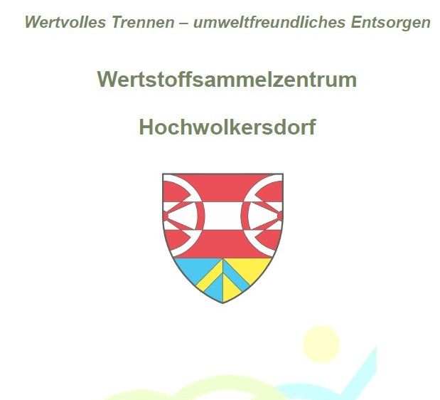 Ein Plakat bewirbt eine Abfalltrennungsinitiative. Es zeigt ein Logo, die Worte 'Wertvolles Trennen - umweltfreundliches Entsorgen' und einen Verweis auf eine 'Wertstoffsammlung Hochwolkersdorf'. Im Hintergrund ist eine ländliche Landschaft mit Häusern und einem Feld zu sehen.
