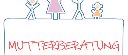 Eine vierköpfige Familie ist in einem Cartoon-Stil auf einem weißen Schild mit dem Wort Mutterberatung in Rot abgebildet.