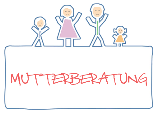 Eine vierköpfige Familie ist in einem Cartoon-Stil auf einem weißen Schild mit dem Wort Mutterberatung in Rot abgebildet.