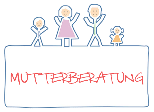 Eine vierköpfige Familie ist in einem Cartoon-Stil auf einem weißen Schild mit dem Wort Mutterberatung in Rot abgebildet.