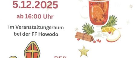 Plakat für Adventstreffen mit Glühwein und Punsch. Veranstaltung mit Verkauf von Weihnachtsbäckerei. Datum: 5. Dezember 2025, Beginn um 16:00 Uhr bei FF Howodo. Illustration von St. Nikolaus.