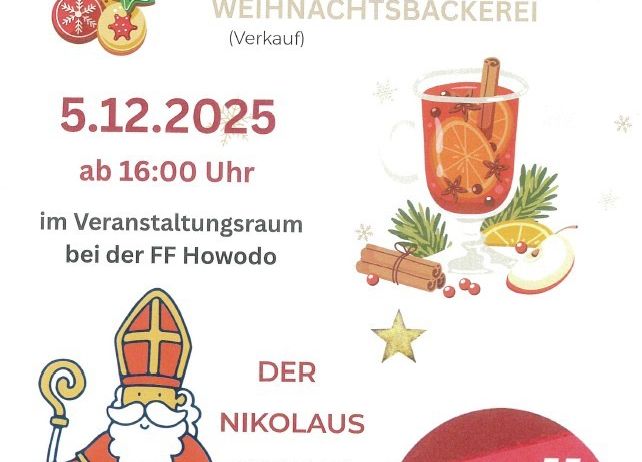 Plakat für Adventstreffen mit Glühwein und Punsch. Veranstaltung mit Verkauf von Weihnachtsbäckerei. Datum: 5. Dezember 2025, Beginn um 16:00 Uhr bei FF Howodo. Illustration von St. Nikolaus.