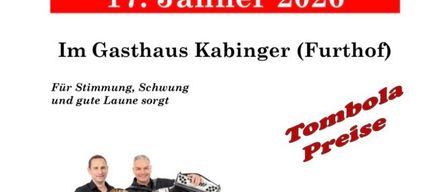 Eine Einladung zum Feuerwehrball am 17. Januar 2026 im Gasthaus Kabinger. Es zeigt zwei Männer mit Musikinstrumenten, der Text ist teilweise auf Deutsch, und die Veranstaltung beginnt um 20:00 Uhr.