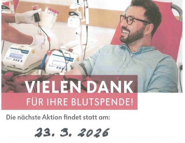 A poster for a blood donation event shows a man smiling while donating blood. The event is organized by the Austrian Red Cross. The date is March 23, 2026.