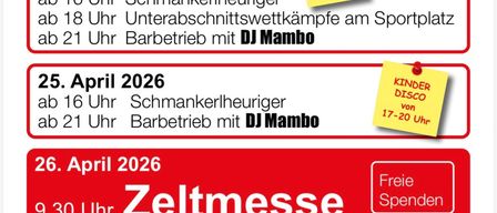 Schmankerlheuriger event at the fire station on April 24-26, 2026. Activities include tastings, competitions, and BBQ with DJ Mambo. On April 26, a breakfast with live music is offered.