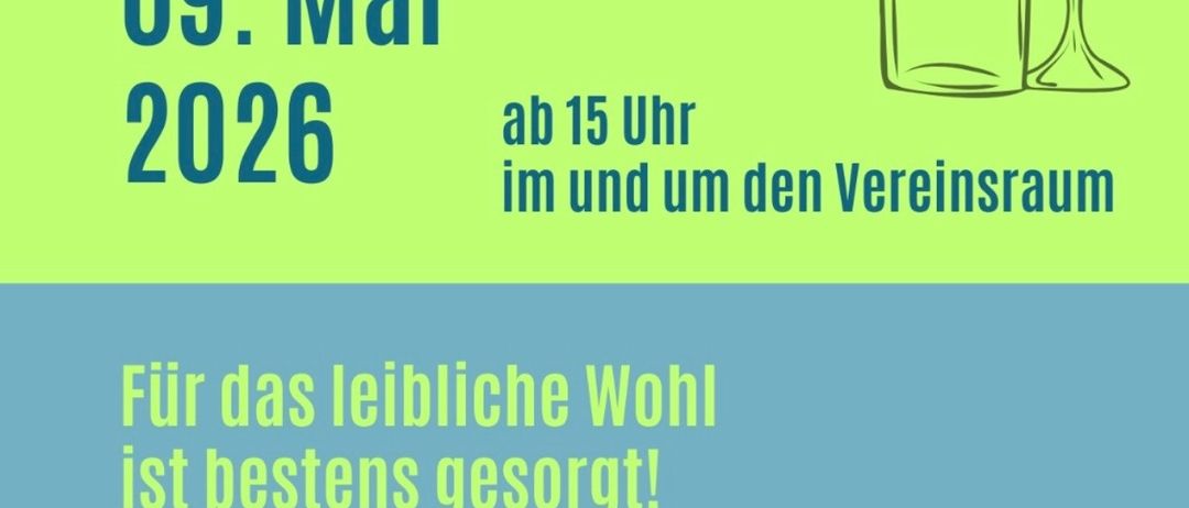 Plakat für das Spritzerstnad-Event am 9. Mai 2026, Beginn um 15 Uhr. Veranstaltung im und um den Vereinsraum. Für das liebliche Wohl ist bestes gesorgt! Natürlich gibt es auch Bier und alkoholfreie Getränke. Illustration eines Weinglases.
