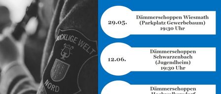 Das Bild zeigt einen Zeitplan für 'Dämmerschoppen'-Veranstaltungen. 29.05. am Gewerbeplatz, 12.06. im Jugendheim und 26.06. am Spielplatz der Generale, jeweils um 19:30 Uhr.