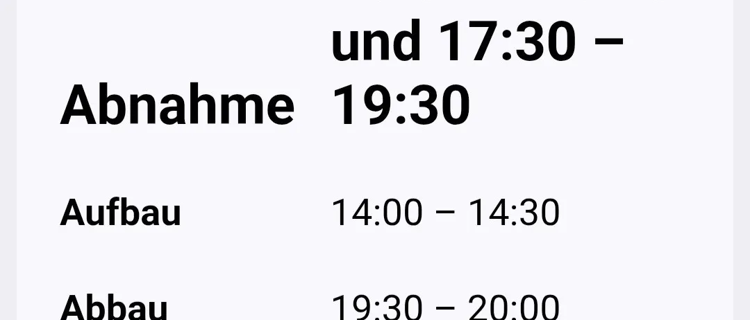 Donnerstag, 20.08.2026, Termin 14:30-16:30 und 17:30-19:30. Aufbau 14:00-14:30, Abbau 19:30-20:00. Warm: Würstchen, Senf, Ketchup, Kresse, Brot, Aufstriche.