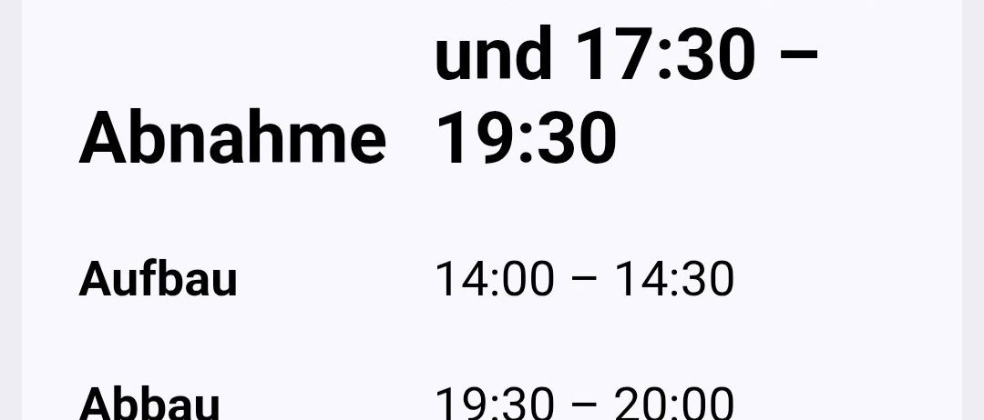 Donnerstag, 20.08.2026, Termin 14:30-16:30 und 17:30-19:30. Aufbau 14:00-14:30, Abbau 19:30-20:00. Warm: Würstchen, Senf, Ketchup, Kresse, Brot, Aufstriche.
