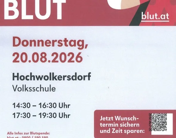 Plakat für Blutspende-Veranstaltung am 20.08.2026 in Hochwolkersdorf Volksschule, mit Zeiten 14:30-16:30 und 17:30-19:30. QR-Code für Terminbuchung.
