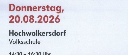Poster for blood donation event on August 20, 2026, at Hochwolkersdorf Volksschule, with times 14:30-16:30 and 17:30-19:30. QR code for appointment booking.