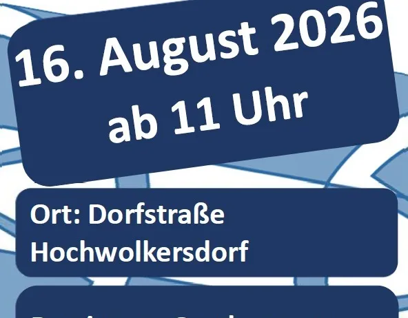 Plakat für Dorfkirtag in Hochwolkersdorf am 16. August 2026, Beginn um 11 Uhr. Ort: Dorfstraße Hochwolkersdorf. Gastgeber: Gasthaus zur Gemütlichkeit & Weinkost.