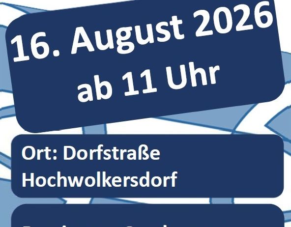 Plakat für Dorfkirtag in Hochwolkersdorf am 16. August 2026, Beginn um 11 Uhr. Ort: Dorfstraße Hochwolkersdorf. Gastgeber: Gasthaus zur Gemütlichkeit & Weinkost.