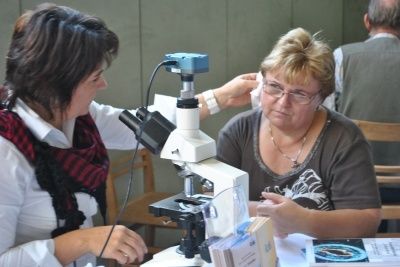 Eine Frau mit Brille sitzt an einem Tisch mit einem Mikroskop vor ihr, während eine andere Frau das Mikroskop justiert.