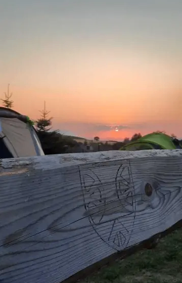 Ein hölzerner Zaun mit einem geschnitzten Wappen in der Mitte, umgeben von einem grasigen Feld, und im Hintergrund ein Sonnenuntergang mit einigen Bäumen.