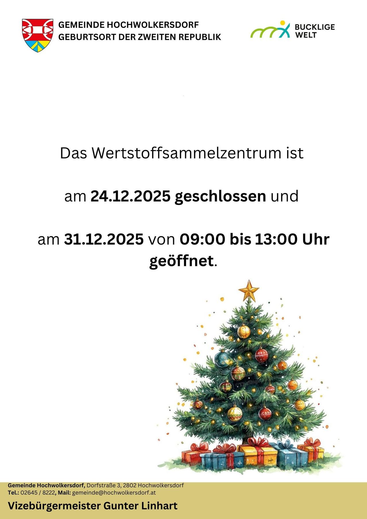 Das Wertstoffsammelzentrum ist am 24.12.2025 geschlossen und am 31.12.2025 von 09:00 bis 13:00 Uhr geöffnet. Es ist ein Weihnachtsbaum mit Dekoration abgebildet.