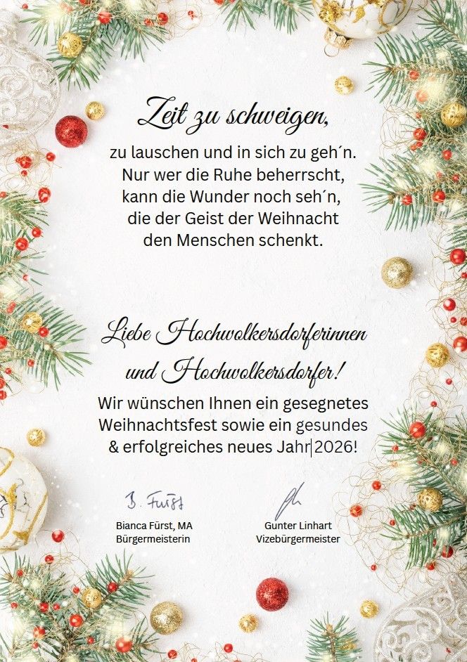 Weihnachtskarte mit weißem Hintergrund, roten und goldenen Ornamenten und einem Weihnachtsbaum. Sie enthält eine Botschaft des Friedens, der Freude und der Wünsche für ein gesegnetes neues Jahr 2026. Unterzeichnet von Bianca Fürst und Gunter Linhart.