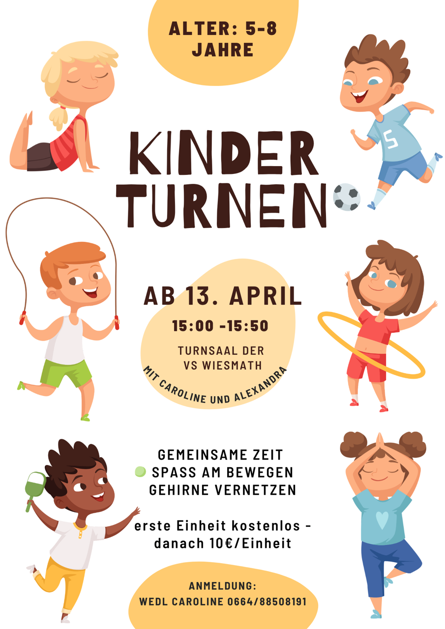 Poster advertising children's gymnastics. It features kids playing various sports. The date and time are April 13th, 15:00-15:50. It's free for the first unit.