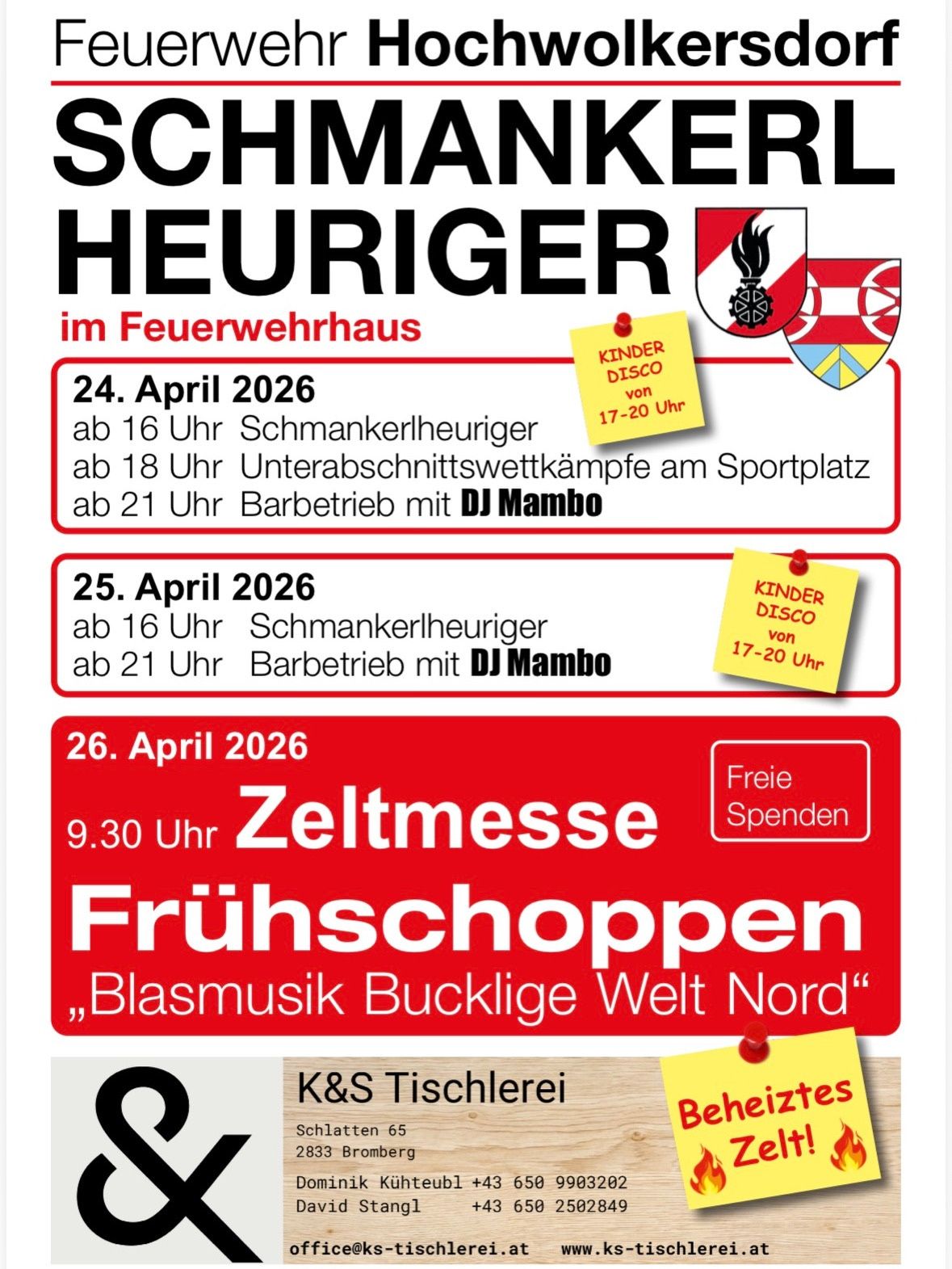 Poster for the Smackerlheuriger event. Events on April 24, 25, and 26, 2026, featuring music, competitions, and a barbecue with DJ Mambo. April 26 includes a morning zeltmesse and brunch.