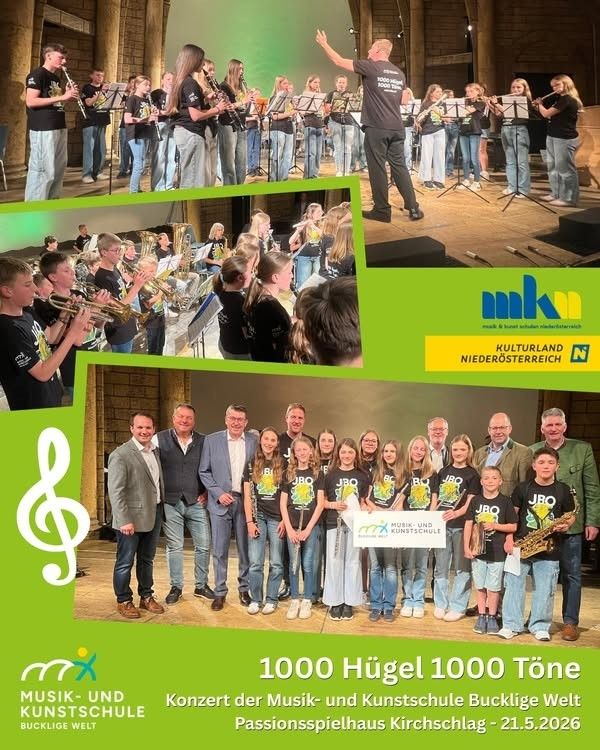 A collage of musicians playing instruments and a group of adults with children holding a banner. A music school logo and the event date are also included.