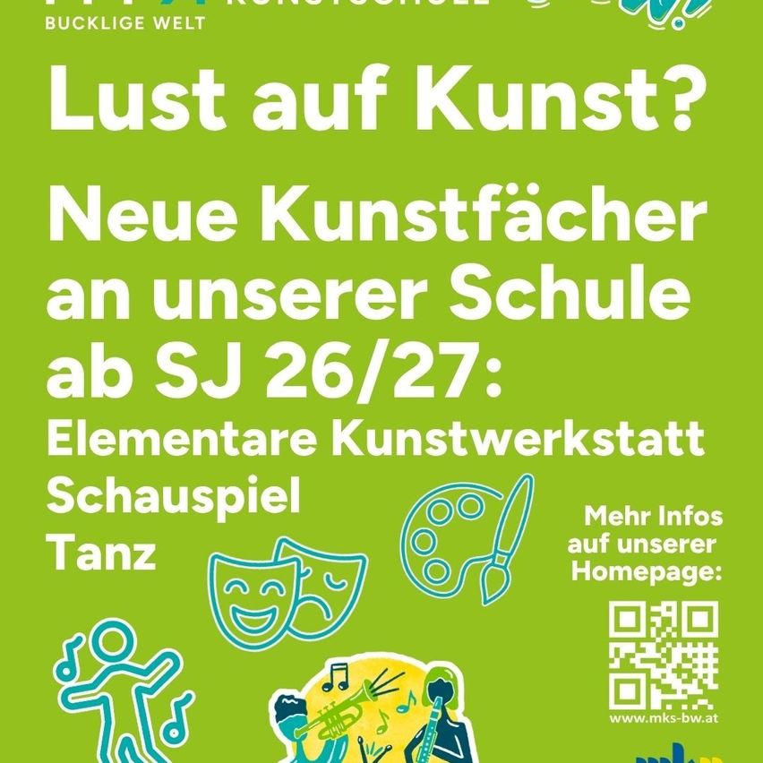 Green poster promoting art activities. Features icons for painting, play, and dance. QR code directs to website.