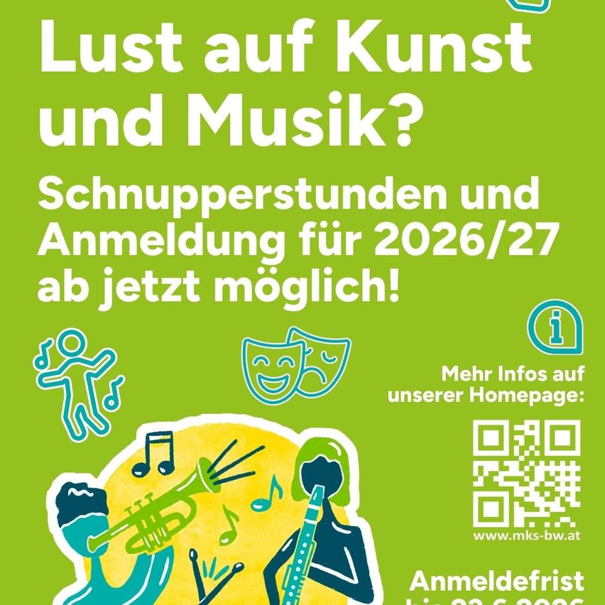 A poster advertising a music and art event on 2026/27. It features an illustration of people playing instruments and a QR code for more information.