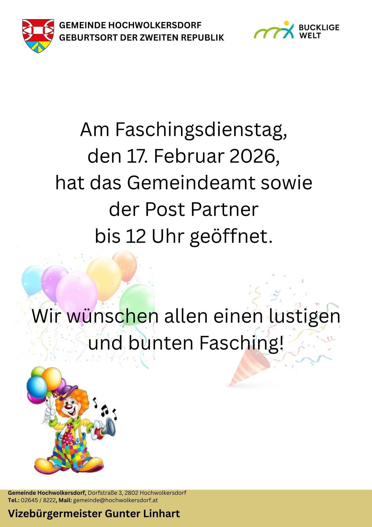 A poster announces that on February 17, 2026, the community office and the postal partner will be open until noon. It also wishes everyone a joyful and colorful Carnival. A clown is depicted holding balloons and a party hat.
