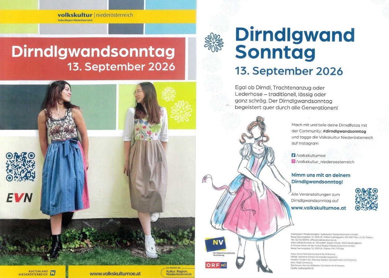 Poster for Dirndlwandsonntag, featuring two women in traditional attire, one in a floral dress and the other in a leather dress, with a colorful background and text in German.