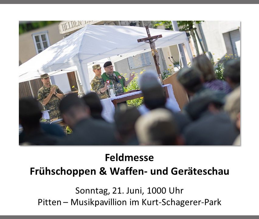 Eine Feldmesse wird unter einem weißen Zelt mit einem Kreuz abgehalten. Zwei Männer in Militäruniformen stehen am Altar. Die Veranstaltung ist für Sonntag, den 21. Juni, um 10:00 Uhr geplant.