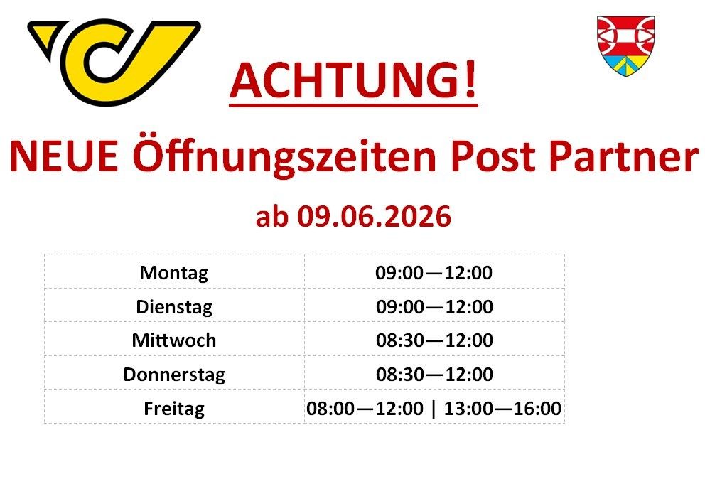 Postpart Öffnungszeiten ab 09.06.2026. Montag bis Freitag: 09:00-12:00. Samstag: 08:00-12:00, 13:00-16:00.