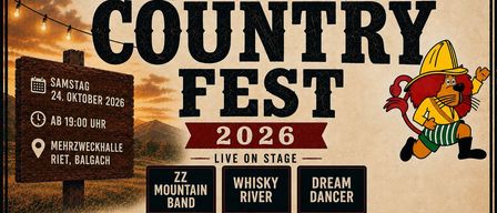 Plakat für das Country Fest 2026, mit Bands wie ZZ Mountain Band, Whisky River und Dream Dancer. Das Event wird vom Feuerwehrverein Balgach veranstaltet.
